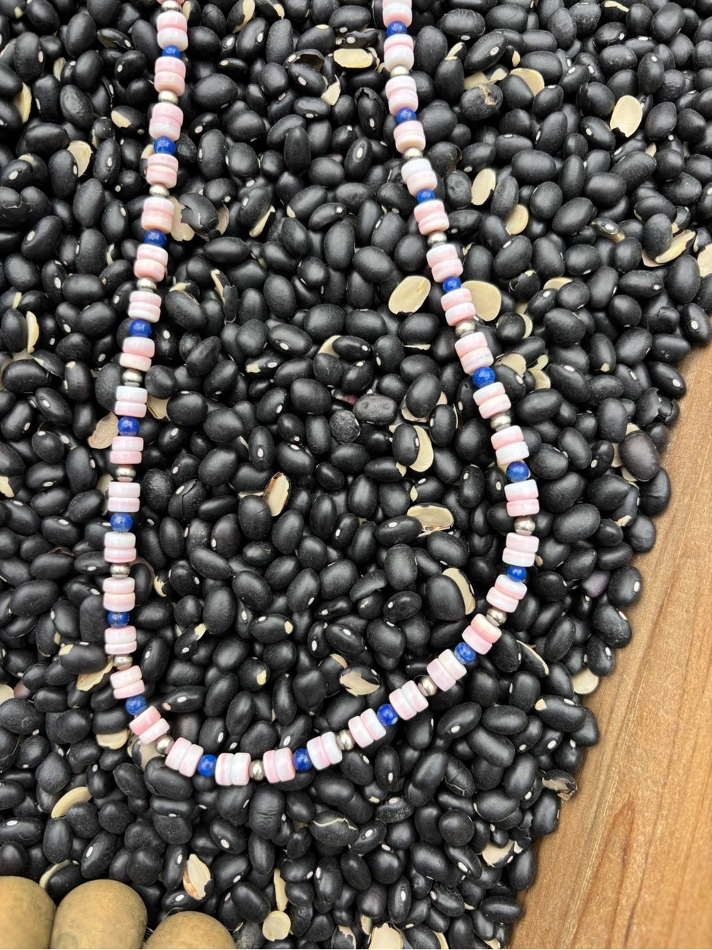 Pink conch and blue lapis necklace with Navajo pearls
